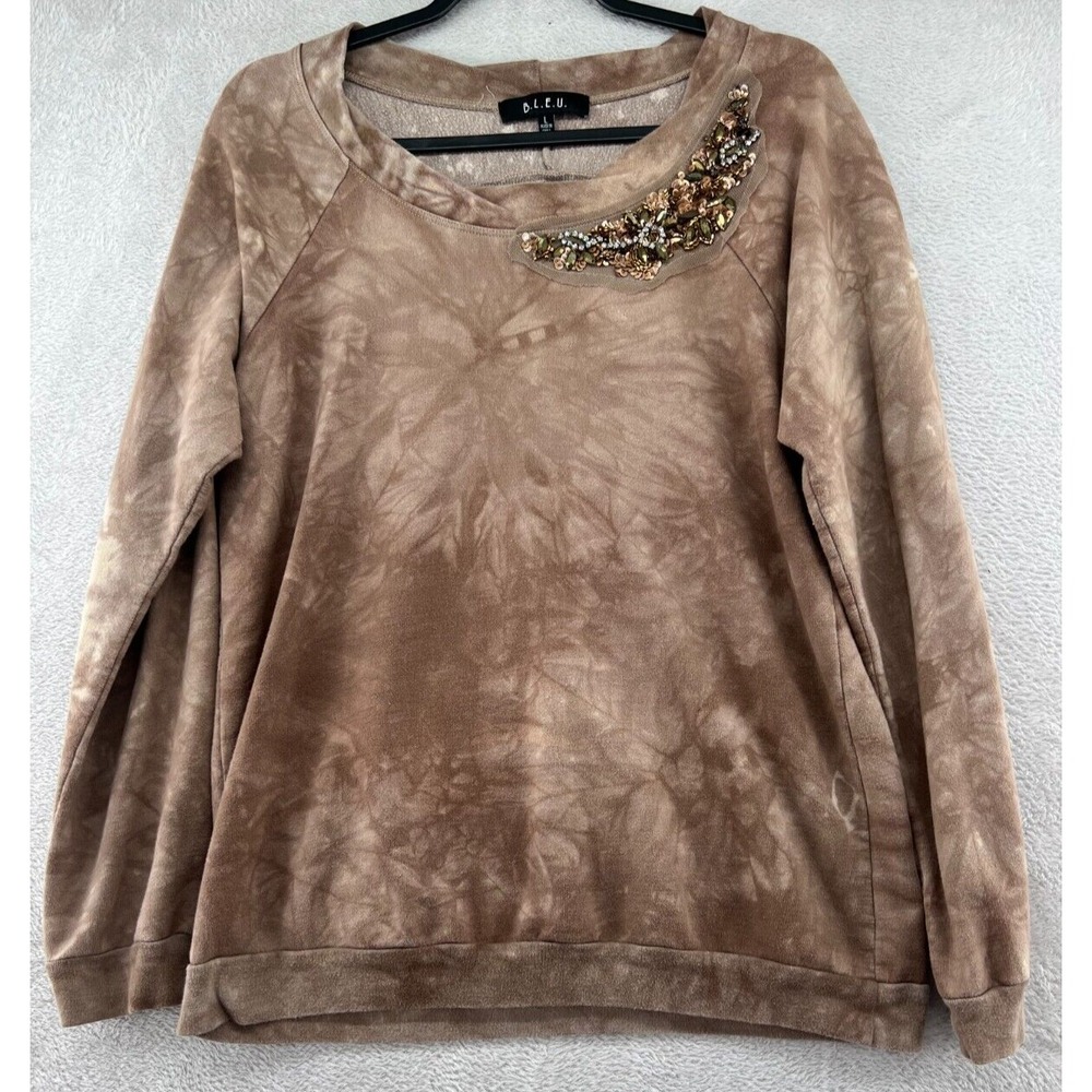 B.L.E.U. Sweatshirt Womens Sz L Brown Tie Dye Beaded Sequin Collar
